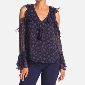 Diane Von Furstenberg 100% Silk Cold Shoulder Long Sleeve Ruffle Blouse 8